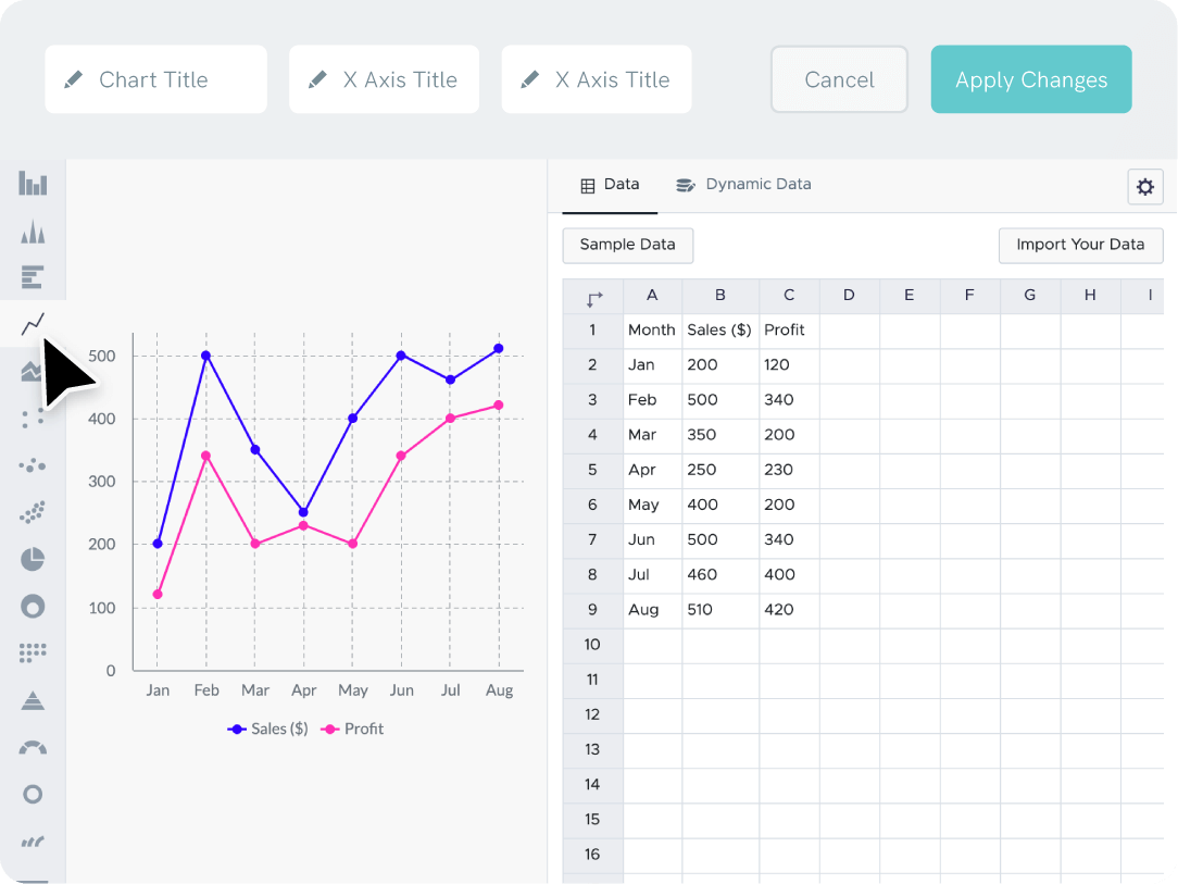 line chart data entry input example with data range number, default values and data labels